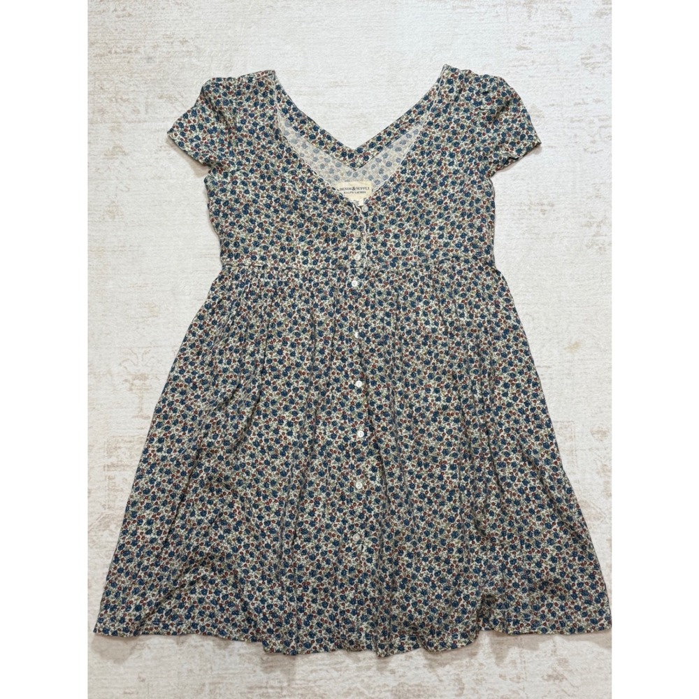 Denim & Supply Ralph Lauren Floral Mini Dress V-Neck Button Front Blue Red Small